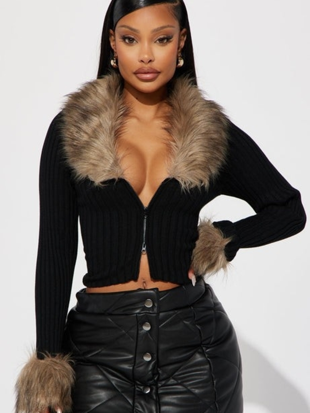 Fashion Nova Black Ribbed Zip Crop Cardigan with Brown Faux-Fur Trim